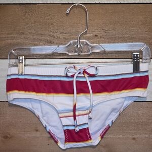 Vintage Roxy Women's Striped Bikini Bottoms in White, Red, Yellow, Blue